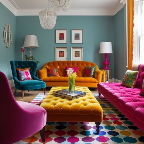 Colorful Lounge Room, Frida Inspired Living Room, Bright Colorful Living Room Ideas Fun, Colorful Minimalist Interior Design, Colors That Brighten A Room, Bright Colour Living Room Decor, Bright Colorful Living Room Ideas, Funky Interior Design, Colourful Lounge