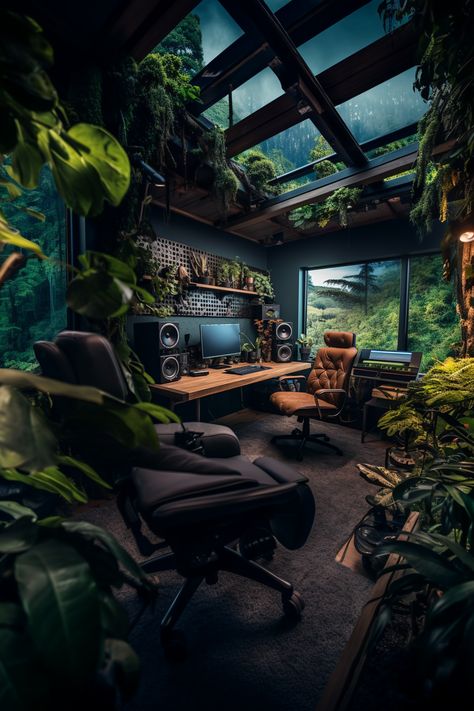 A dream gaming or work setup filled with lots of nature and natural light and a beautiful modern aesthetic of colors. Jungle Gaming Setup, Dark Moody Gaming Setup, Modern Gamer Room, Nature Gaming Room, Nature Desk Setup, Fantasy Gaming Setup, Gaming Bedroom Aesthetic, Game Studio Office, Nature Gaming Setup