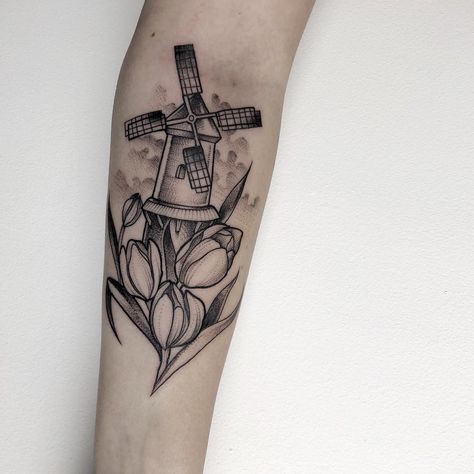 Windmill And Tulips Tattoo, Netherlands Tattoo Ideas, Amsterdam Tattoo Ideas, Dutch Tattoo Ideas, Netherlands Tattoo, Windmill Tattoo, Building Tattoo, Holiday Tattoo, Dutch Tattoo