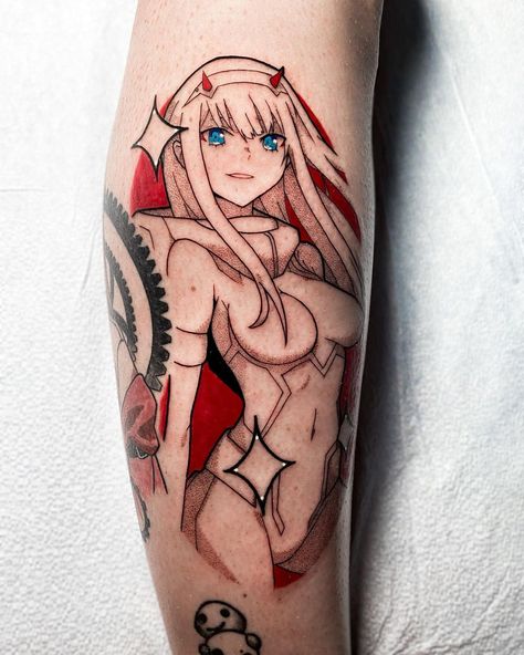 ✨laurelupo✨ on Instagram: “✨ Zero Two ✨ Loved doing this portrait of best girl 002, such an awesome and iconic character 💖Next to a healed @goretaku too! ✨ Thank you…” Zero Two Tattoo Ideas, Waifu Tattoo, Zero Two Icon, Dark Souls Tattoo, Japanese Tattoo Words, Slayer Tattoo, Peacock Feather Tattoo, Dragon Ball Tattoo, Anime Toon