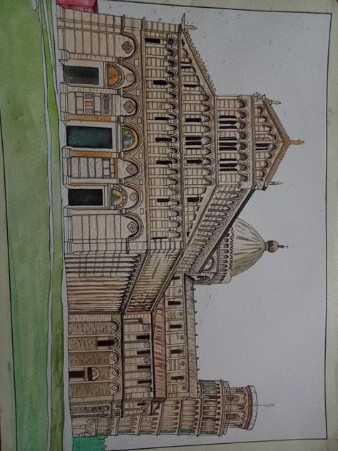 Watercolor drawing Pisa Cathedral Sketch, Pisa Cathedral Drawing, Pisa Cathedral, Architecture Drawing Sketchbooks, Poster Drawing, Historical Monuments, Perspective Drawing, Watercolor Drawing, Leaning Tower Of Pisa