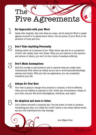 The Four Agreements and the follow-up book, The Fifth Agreement by Don Miguel Ruiz and Don Jose Ruiz is probably one of the most familiar contemporary New Thought books read today. Many of the ‘agreements’ are frequently quoted in articles and talks when describing attributes to follow for a fulfilling life. But, have you ever… More Five Principles of Unity Parallel Toltec Agreements, Part 5 The Five Agreements, Four Agreements Quotes, Toltec Wisdom, Learn To Listen, The Four Agreements, Personal Values, Up Book, Printable Poster, To Listen