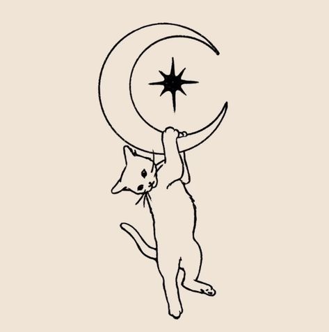 Cat Lover Tattoo Ideas, Drawing Of Tattoos, Black Cat White Cat Tattoo, Tortoise Cat Tattoo, Old Moon Drawing, Vintage Moon Drawing, Rabbit Leaping Tattoo, Witchy Aesthetic Drawing, Witchy Cat Tattoo Ideas