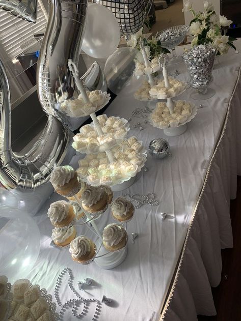 more details of the dessert table 21st Dessert Table, Silver And White Dessert Table, Silver 21st Birthday Decorations, Disco Dessert Table, Silver Quince, Party Snack Table, White Dessert Tables, Last Disco, Disco Birthday Party