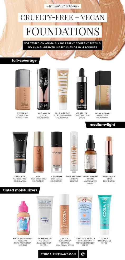 Vegan foundation options available at Sephora! Not tested on animals, no parent company animal testing, and no animal ingredients. Cruelty Free Foundation, Best Vegan Skincare Products, Testing Makeup Products, Vegan Foundation, Vegan Skincare Products, Cruelty Free Makeup Brands, Vegan Cosmetics, Vegan Products, Ethical Shopping