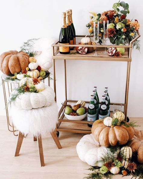 pumpkin bar cart decor via @afabulousfete on instagram Thanksgiving Bar Cart, Pumpkin Bar, Thanksgiving Decorating, Modern Thanksgiving, Instagram Decor, Gold Bar Cart, Bar Cart Styling, Cart Decor, Bar Cart Decor