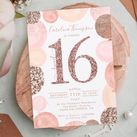 $2.8 | Chic rose gold glitter pink balloon Sweet 16 photo - sweet 16 birthday party, sweet sixteen, pastel blush pink, photo sweet 16, 16th birthday, balloons cluster, rose gold glitter sequins, watercolor and confetti, princess sparkles, calligraphy typography Pink And Gold Sweet 16 Invitations, Dusty Rose Sweet 16, Pink And Gold 16th Birthday Party, Pink And White Sweet 16 Ideas, Rose Gold Sweet 16 Party Ideas Themes, Pink And Gold Sweet 16 Decorations, Pink Gold And White Party Decoration, Sweet 16 Rose Gold Theme, Rose Gold Sweet 16 Party Ideas