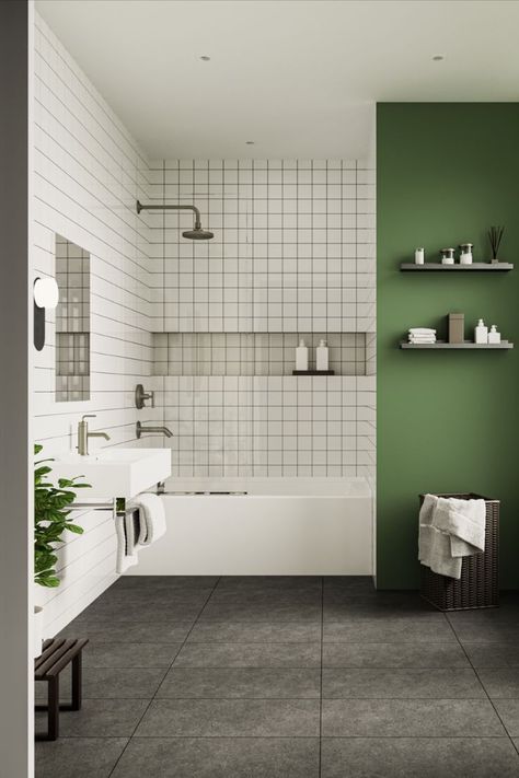 This space features large format floor tiles, square subway tiles across the walls, and dark grout to create a sense of geometry in the space. Dark Tile Bathroom Floor, Dark Floor Bathroom, Dark Tile Bathroom, Square Tile Bathroom, Black Tile Bathroom Floor, Dark Green Bathroom, Open Concept Bathroom, Farmhouse Modern Decor, Home Decor Modern Farmhouse