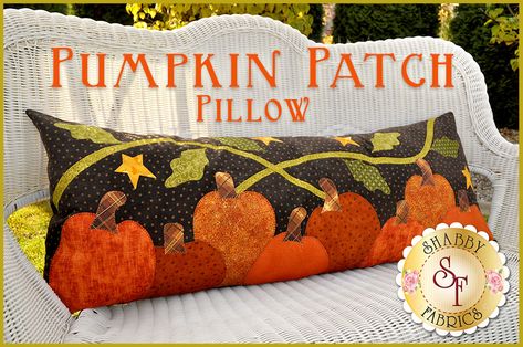 Decorate your home this fall with this festive pillow featuring a bountiful pumpkin patch set on a cozy flannel fabric! This makes a cute accent pillow on a bench, couch or bed. This large pillow measures approximately 42" long x 15" tall. The Kit Includes:Pre-fused and laser cut pieces for ALL the appliqué shapes (pumpkins, stems, vines, leaves and stars) - no need to trace, cut out, or turn the edges!Background and BACKING Fabric in Woolies Flannel!The Pumpkin Patch Pillow Pattern Bench Pillow Patterns, Wool Applique Quilts, Patch Pillow, Pillow Patterns, Bench Pillow, Halloween Kit, Fall Sewing, Laser Cut Kit, Applique Quilt Patterns