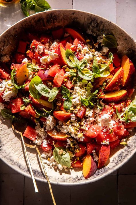 Watermelon Peach Salad | halfbakedharvest.com Half Baked Harvest Recipes, Melon Salad, Peach Recipes, Watermelon And Lemon, Summer Vegetables, Peach Salad, Harvest Recipes, Watermelon Salad, Goat Cheese Salad