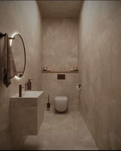 Microcement Toilet Design, Concrete Toilet Design, Wabi Sabi Restroom, Wabi Sabi Toilet Design, Wabi Sabi Toilet, Spa Toilet, Wabi Sabi Bathroom, House Bathroom Designs, Condo Bathroom