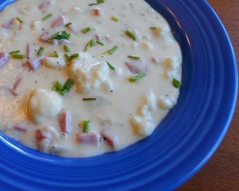 Cauliflower Ham Chowder Recipe - Food.com Ham Cauliflower Soup, Ham Chowder Recipe, Ham Chowder, Cauliflower Chowder, Half And Half Cream, Ham Soup, Chowder Recipe, How To Cook Ham, Leftover Ham