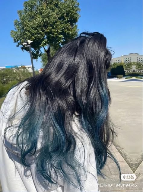 Black Hair With Ends Dyed, Blue Ends On Black Hair, Muichiro Hair Color, Dye Hair Ends, Dye Ends Of Hair, Flicks Haircut Long Hair, Colored Ends Of Hair, Blue Ends Hair, Blue Highlights On Black Hair