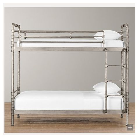 Make a bunk bed frame out of sturdy plumbing pipe? Sure! http://plumbingplus.net/ Basement Rooms, Pipe Bed, Child Bed, Simple Apartments, Restoration Hardware Baby, Diy Bunk Bed, Industrial Diy, Murphy Bed Plans, Bunk Rooms