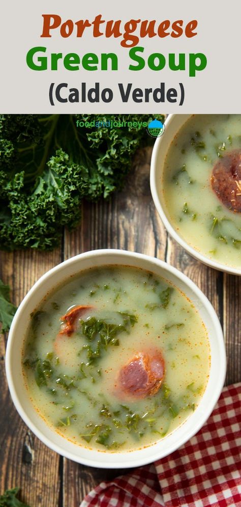 Here's another flavorful addition to your cold-weather soup list -- Portuguese Green Soup (locally known as Caldo Verde). The best part? I bet you already have all the ingredients in your kitchen right now. So, check it out! Portugese Kale Soup, Caldo Verde Recipe, Collard Green Soup, Portuguese Kale Soup, Portuguese Soup, Kale Soup Recipes, Green Soup, Pureed Soup, Kale Soup