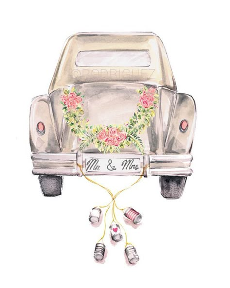 Car Watercolor, Wedding Getaway Car, Wedding Getaway, Just Married Car, Wedding Gift Money, Wedding Drawing, Getaway Car, Wedding Illustration, Wedding Greeting Cards