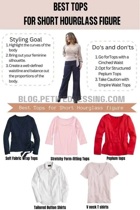 Petite Hour Glass Outfits, Shirts For Hourglass Shape, Petite Hourglass Outfit Ideas, Short Torso Hourglass Outfits, Hourglass Capsule Wardrobe, How To Style Hourglass Shape, Petite Hourglass Figure Outfits, Top Hourglass Body Shape Outfits, Hourglass Outfits Casual