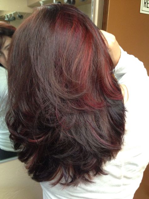 Red highlights-layered hair Read Highlights Hair, Layered Hair Red Highlights, Burgundy Highlights Short Hair, Layers With Red Highlights, Medium Length Hair With Red Highlights, Layered Hair With Red Tips, Red Highlights With Layers, Red Highlights In Brown Hair Aesthetic, Red Color Hair Highlights