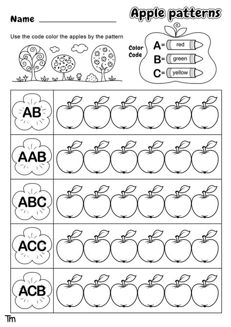 Apples & Where They Come From! Preschool Theme Worksheets | TeachersMag.com Sk Worksheets Free Printable, Kindergarten Worksheets Patterns, Ab Pattern Worksheets For Preschool, Kindergarten Pattern Worksheets, Patterns Kindergarten Worksheets, Pattern Worksheets For Kindergarten Free Printable, Apple Worksheets Kindergarten, Patterns Worksheets For Kindergarten, Pattern Worksheet For Grade 1