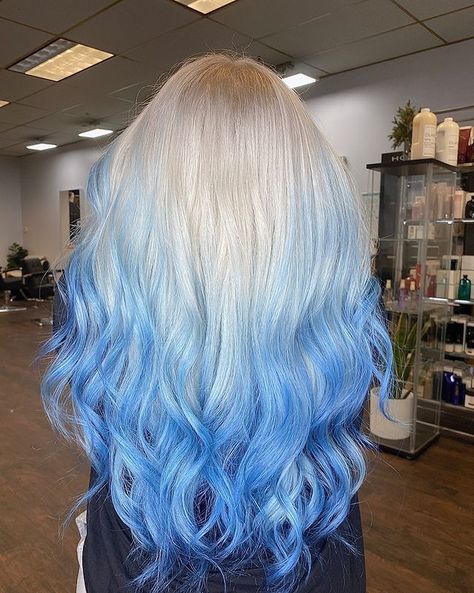 Baby Blue and Platinum Blond Ombre Blue Ombre Blonde Hair, Blonde Hair With Blue Highlights, Pastel Hair Colors, Blue Balayage, Blonde And Blue Hair, Hair Color Ideas For Winter, Hair Colors To Try, Haircuts For Women 2023, Pastel Blue Hair