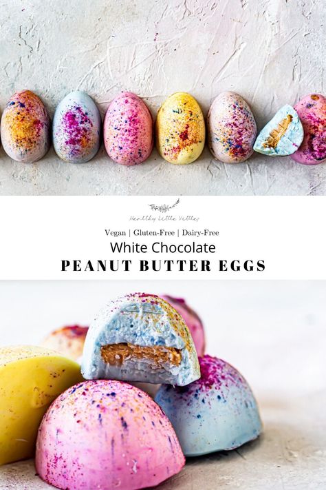 Move over Reeses eggs, there’s a new peanut butter egg in town! These ‘white chocolate’ peanut butter eggs are made with coconut butter, maple syrup, plant-milk, and vanilla then colored with natural superfood powders to make these the best healthy Easter treat that’s gluten-free, vegan, and dye-free! #peanutbuttereggs #easterrecipes #springrecipes #veganrecipes Vegan Easter Eggs, Vegan Easter Dessert, Reeses Eggs, Vegan Easter Treats, Easter Pastry, Chocolate Peanut Butter Eggs, Peanut Butter Egg, Bakes Recipe, Healthy Easter Treats