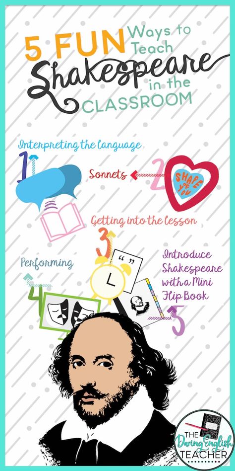 5 Fun Ways to Teach Shakespeare in the Classroom | The Daring English Teacher Teaching Shakespeare High Schools, High School Theatre Classroom, Shakespeare Activities, English High School, 9th Grade English, Teaching Theatre, High School English Classroom, Teaching Shakespeare, Teaching Drama