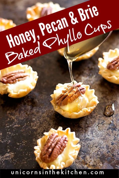 Brie Phyllo Cups, Brie Tartlets, Brie Phyllo, Pecan Brie, Sweet Appetizers, Creamy Brie, Honey Drizzle, Cottage Food, Brie Appetizer