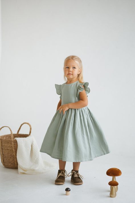 Girls Linen Dress With Ruffles, Natural Linen Sleeveless Dress, Toddler Linen Boho Dress, Sage Linen Summer Dress, Girls Casual Linen Dress - Etsy Chic Linen Ruffle Dress, Linen Flower Girl Dress, Flowy Dress Toddler, Kids Linen Clothes, Cotton Ruffle Dress For Play, Linen Summer Dress Kids, Green Flower Girl Dresses, Linen Summer Dress, Boho Flower Girl