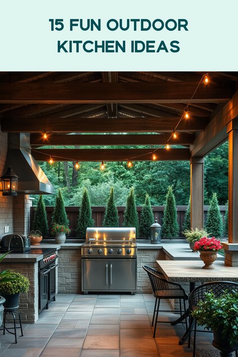 Looking to enhance your outdoor cooking space? Check out these 15 creative ideas for designing your dream outdoor patio kitchen! From stylish grill areas and cozy dining spots to functional prep zones, we've got suggestions to suit every style and space. Learn how to blend aesthetics with practicality, ensuring your patio becomes the perfect backdrop for gatherings, family meals, or simply enjoying your favorite grilled dishes in nature. Get inspired and transform your backyard into a culinary paradise with these fantastic ideas! Outdoor Cooking Area With Bar, Spanish Style Bbq Area, Outdoor Kitchen Covered Patio, Outdoor Cooking Area On A Budget, Grill Area Ideas Backyards, Outdoor Kitchen Ideas Covered, Outdoor Kitchen Gazebo, Patio Kitchen Ideas Outdoor, Outdoor Hibachi Grill