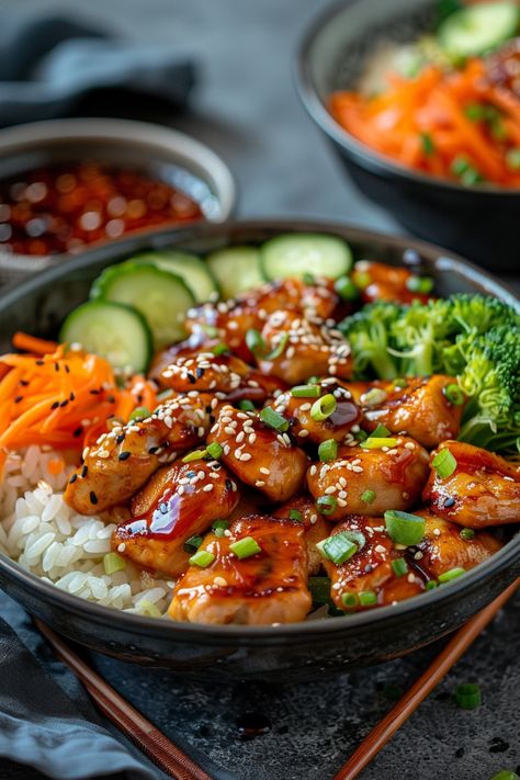 Teriyaki chicken bowl with rice, sliced cucumbers, carrots, broccoli, and sesame seeds. Home Dishes Food, Korean Chicken Bowls, Rice Bowl Ideas Chicken, Thai Bowl Recipes, Pole Bowl Recipe, Sticky Chicken Rice Bowl, Teriyaki Meals, Healthy Chicken Teriyaki Recipe, Chicken Sweet Potato Bowl