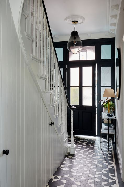 South London Family Home - Contemporary - Entry - London - by Imperfect Interiors | Houzz Panelling To Hide Door, Black And White Tiled Hallway, Black And White Entrance Hall, Feature Hallway, Black And White Entrance, London Hallway, Entryway Tile Ideas, Townhouse Staircase, Panelled Hallway