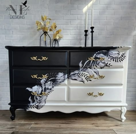 Black And White Dressers Bedroom, Black And White Furniture Ideas, Black And White Dresser Makeover, Half Painted Dresser, Black Dresser Makeover, Black Painted Furniture With Decals, Black And White Dresser Diy, Black And White Refurbished Dresser, Gothic Dresser Makeover