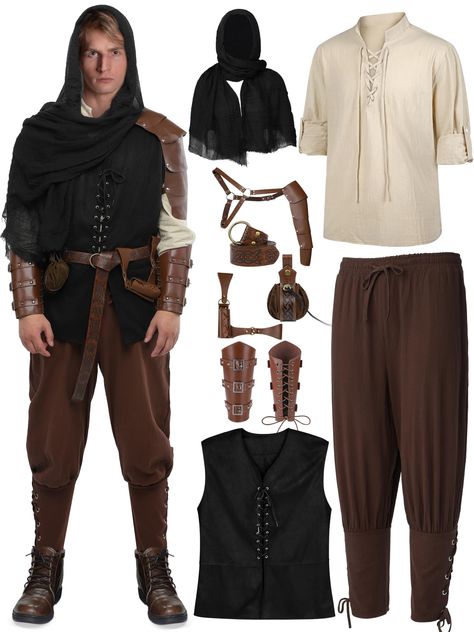 PRICES MAY VARY. Men's Renaissance Costume Set: you will receive 1 shirt for medieval, 1 pair of Renaissance gothic pants, 1 pirate vest, 1 scarf, 1 pair of leather wrist bracer, 1 leather belt, 1 leather pouch, 1 leather shoulder armor, 1 sword holster; the accessories are rich and varied, great for fulfilling all your costume and cosplay party needs Premium Materials for Ultimate Comfort: Crafted from high-quality cotton and linen for the shirt and pants, suede for the vest, polyester for the Good Hollowed Costumes, Medieval Inspired Outfits Men, Shaman Costume Male, Medieval Clothing Men Noble, Easy Mens Ren Faire Costume, Mens Witch Costume, Warlock Costume Mens, Wizard Outfits Men, Rennaisance Outfits Men