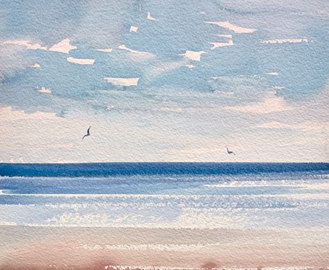 Sunlit shore, St Annes-on-sea original art watercolour painting by fine artist Timothy Gent. Inspired by the light over the seashore at St Annes-on-sea beach in Lancashire, England. See more original art in the Timothy Gent Gallery online. #art #painting #sunset #beach #coastal #interior #decor #originalart #artist #modern #contemporary Beach Drawing Watercolor, How To Paint Sea Watercolor, Watercolor Painting Sea, Beach Watercolour Painting, Sea Drawing Watercolors, Watercolor Coastal Art, Watercolour Beach Painting, Sea Art Drawing, Sea Painting Watercolor