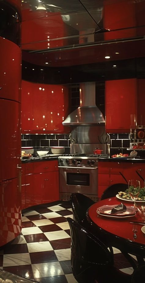 80s Interior Design Kitchen, Vaporwave Kitchen, 80s Mansion, 1980s Interior Design, Red Room Decor, 1980s Interior, 80s Interior Design, 80s Home, Gothic Interior