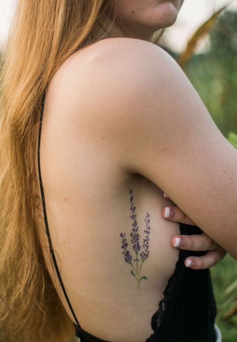 Lavender Behind Ear Tattoo, Large Lavender Tattoo, Lavender Tattoo Side Rib, Lavender Side Tattoo, Lavender Twig Tattoo, Lilac Rib Tattoo, Lilac Back Tattoo, Lavender Tattoos For Women, Bundle Of Lavender Tattoo