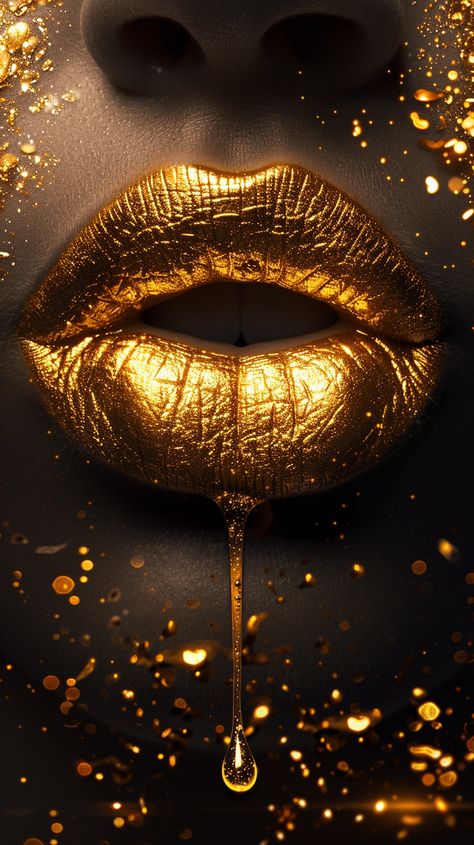 Lips with Golden Drops on Dark Background Gold Dark Aesthetic, Visual Composition, Inspirational Digital Art, Rosé Phone, Lip Wallpaper, Photography Movies, Gold Lips, Iphone Backgrounds, Photography Games