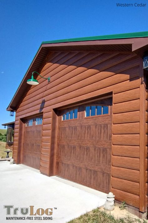 Log Cabin Garage Doors, Modern Log Home, Faux Wood Garage Door, Garage Door Colors, Wood Siding Exterior, Steel Garage Doors, Log Cabin Living, Steel Siding, Siding Options