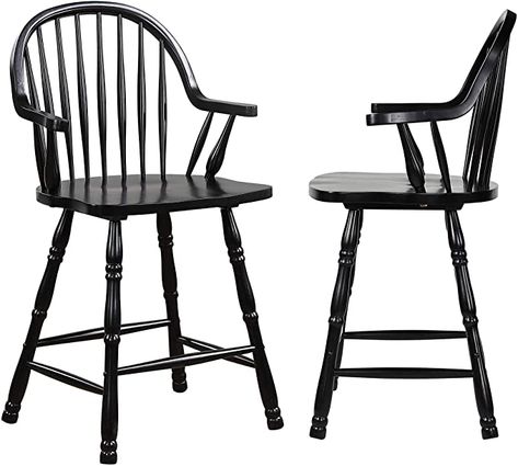 Amazon.com: Sunset Trading 24" Counter Height Windsor Arm Stool | Antique Black | Set of 2, Antique Black with Cherry Rub: Furniture & Decor Traditional Bar Stool, Restaurant Seating, Wooden Bar Stools, Wood Sample, Wood Bar Stools, Wood Stool, Counter Height Stools, Curved Back, Classic Decor