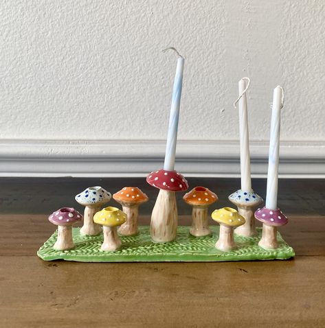 Rainbow Cottagecore, Jewish Aesthetic, Hanukkah Candle Holder, Ceramic Rainbow, Rainbow Mushroom, Diy Hanukkah, Future Board, Jewish Crafts, Hanukkah Crafts