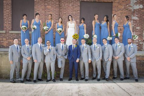 Gray And Blue Suits Wedding, Dusty Blue And Gray Groomsmen Attire, Groom And Groomsmen Attire Dusty Blue, Grey Groomsmen Suits With Blue Bridesmaid Dresses, Groomsmen Attire Grey And Blue, Dark Blue And Grey Wedding, Steel Blue And Grey Wedding, Wedding Party With Blue Suits, Groom In Blue Groomsmen In Grey