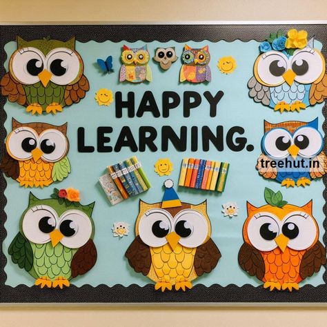 School Soft Board Decoration Ideas, Creative Board Ideas For School, Educational Bulletin Board Ideas, Class Display Board Ideas, Creative Classroom Decoration Ideas, Autumn Bulletin Board Ideas, Soft Board Border Ideas For School, Owl Bulletin Board Ideas, Class Board Decoration Ideas