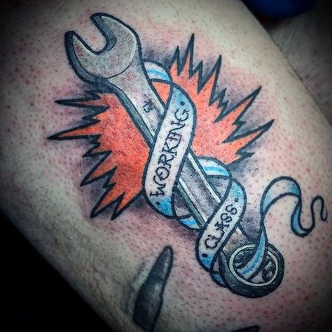 Mens Cool Wrench Tattoo Design Inspiration Wrench Tattoo, Tools Tattoo, Tool Tattoo, Tribute Tattoos, Mechanic Tattoo, Geniale Tattoos, Dad Tattoos, Traditional Tattoo Design, Memorial Tattoo