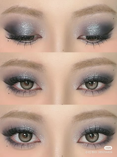 #douyinmakeup #douyin #makeup #makeuptutorials #aesthetic #chinesemakeup #koreanmakeup #pastelmakeup #douyineyeshadow #eyeshadow #eyemakeup #eyeshadowtutorial #makeuptutorial #makeupinspo Makeup Ideas Prom Blue Dress, Gray And Blue Eyeshadow, Dark Blue And Silver Eyeshadow, Light Blue Makeup Aesthetic, Cold Douyin Makeup, Sparkly Blue Eyeshadow, Dusty Blue Makeup, Makeup Ideas For Prom Blue Dress, Blue Douyin Makeup