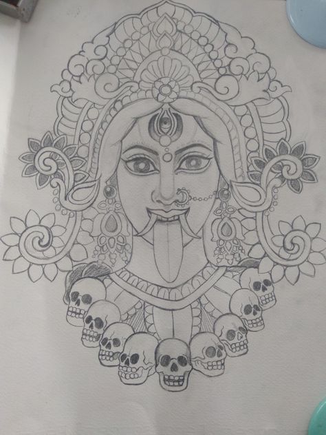 Mahakali Drawing Pencil, A2 Size Painting, Ambe Maa Drawing, Kali Mata Drawing Easy Simple, Mahakali Sketch, Kali Mata Drawing Sketch, Durga Maa Drawing Sketch, Kali Mata Sketch, Bonalu Drawing