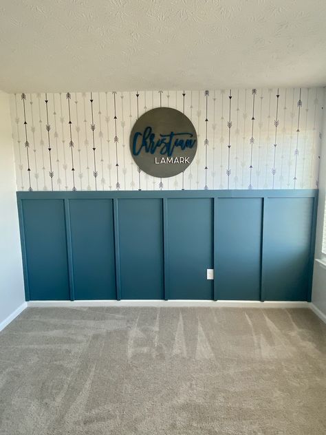 Boy Room Accent Wall, Nursery Accents, Nursery Accent Wall, Blue Accent Walls, Board And Batten Wall, Room Accent Wall, Toddler Boys Room, Nursery Room Design, Baby Boy Room Nursery