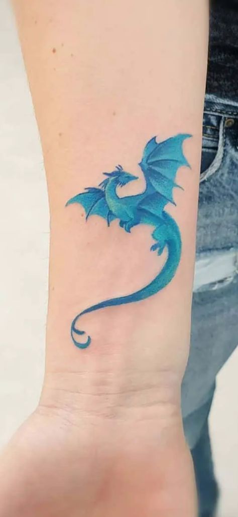 Watercolor Dragon Tattoo, Baby Dragon Tattoos, Cute Dragon Tattoo, Blue Dragon Tattoo, Tattoo Planning, Celtic Dragon Tattoos, Dragon Tattoo Ideas, Small Dragon Tattoos, Christian Sleeve Tattoo