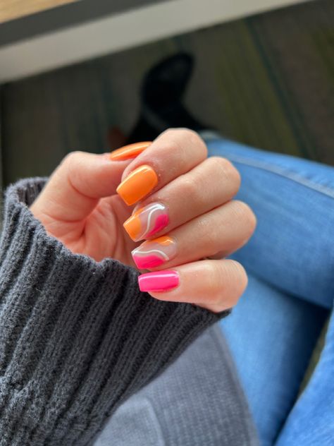 Bright Pink And Orange Nails, Nails Pink And Orange, Bright Spring Nails, Spring Nails Pink, Bright Summer Acrylic Nails, Hoco Nails, Teen Nails, Cruise Nails, Nails Styles