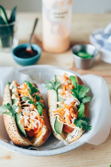 Bahn Mi hot dog recipe at My Name is Yeh | Cool Mom Picks Unique Hot Dog Recipes, Hot Dog Recipes Creative, Fennel Slaw, Gourmet Hot Dogs, Hot Dog Toppings, Slaw Recipe, Hot Dog Recipes, Banh Mi, Dog Recipes