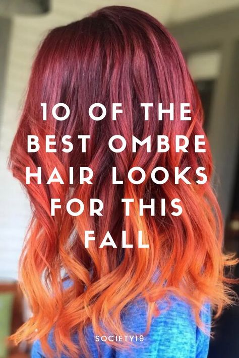 10 of the Best Ombre Hair Looks For This Fall Burgundy To Orange Ombre Hair, Fire Hair Color Ombre, Vivid Fall Hair Color, Ombre Fall Hair Color, Sunset Ombre Hair, Ombré Red Hair, Red Hair Ombre, Fall Vivid Hair Color, Red Ombre Hair Color